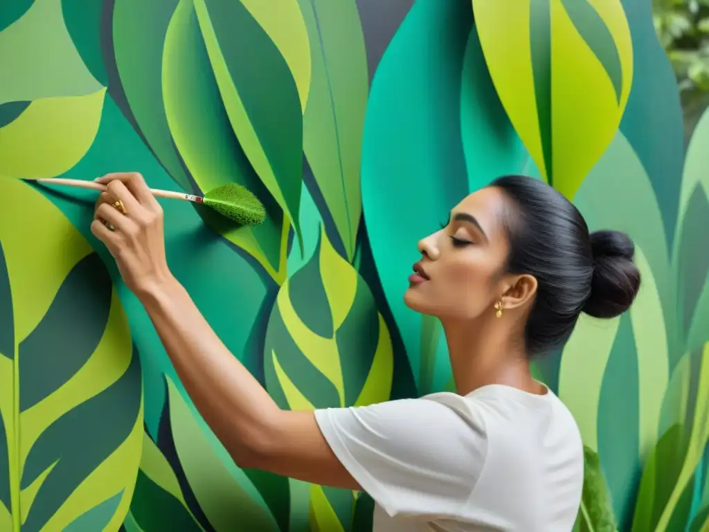 Un artista experto pinta con delicadeza un mural detallado de un exuberante bosque utilizando pinturas ecológicas para proteger ambiente