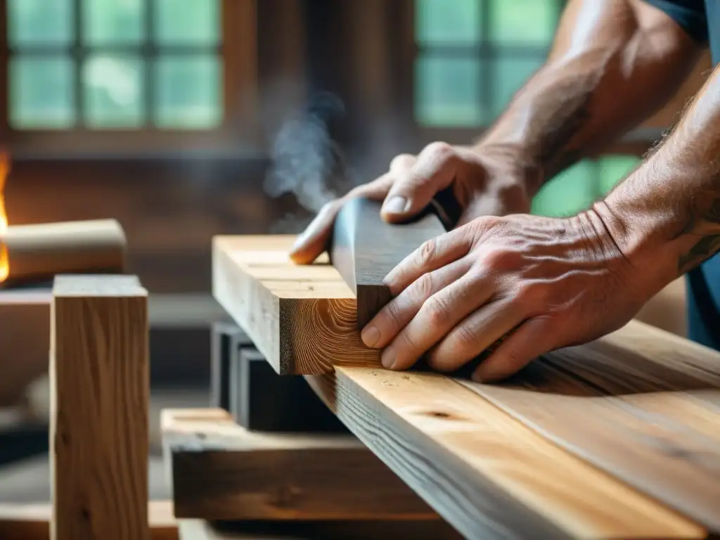 Artesano experto transformando madera recuperada en obra de arte Artista experto en diseño interior, lijando con cuidado una viga de madera reutilizada, resaltando la belleza de la madera y su historia