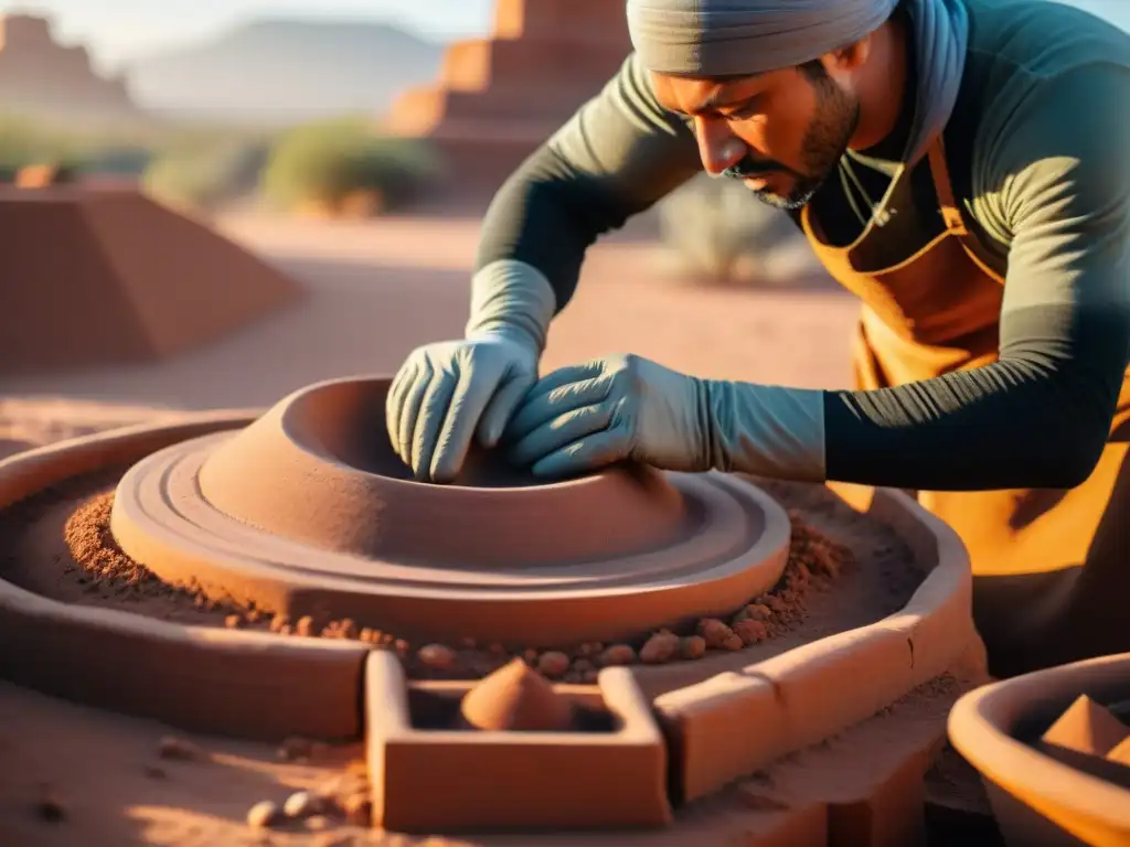 Artista moldea ladrillos de adobe en desierto, mostrando la transformación de la tierra en arquitectura sostenible