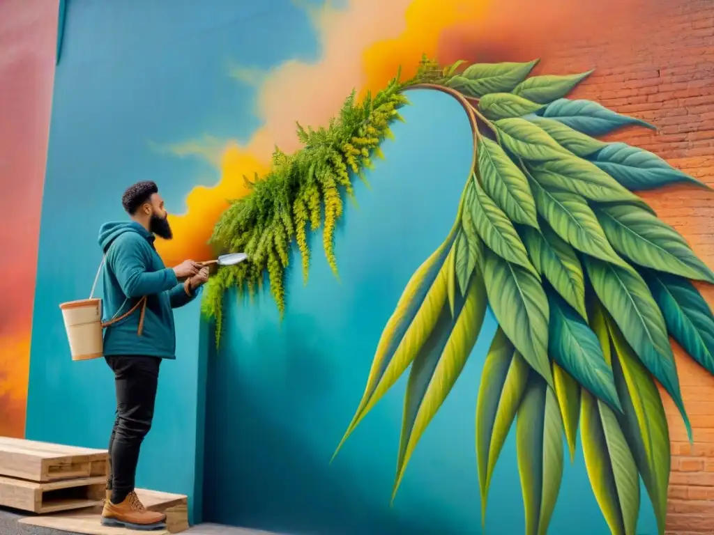 Artista pintando mural con pinturas ecológicas colores vibrantes en la pared de la ciudad