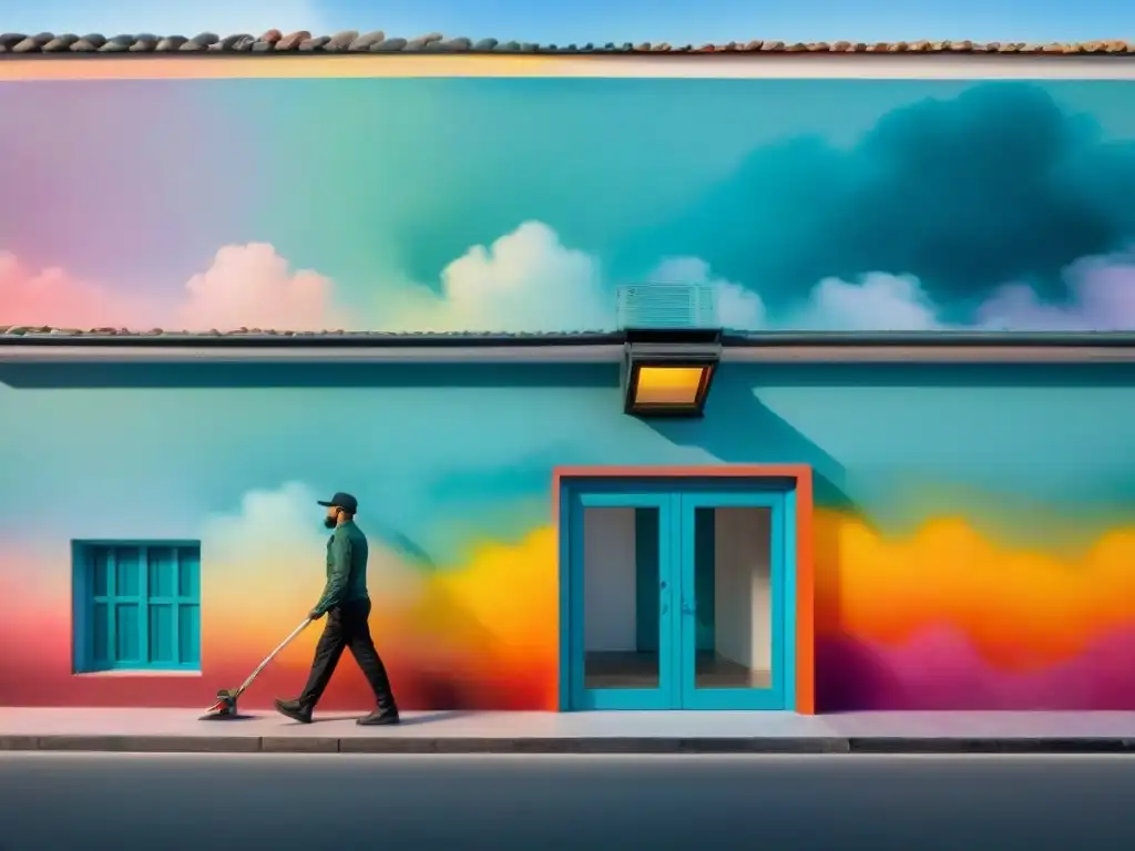 Artista pintando mural vibrante con pinturas no tóxicas para arquitectura