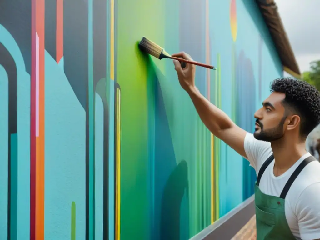 Artista pintando mural vibrante con pinturas ecológicas saludables para arquitectura