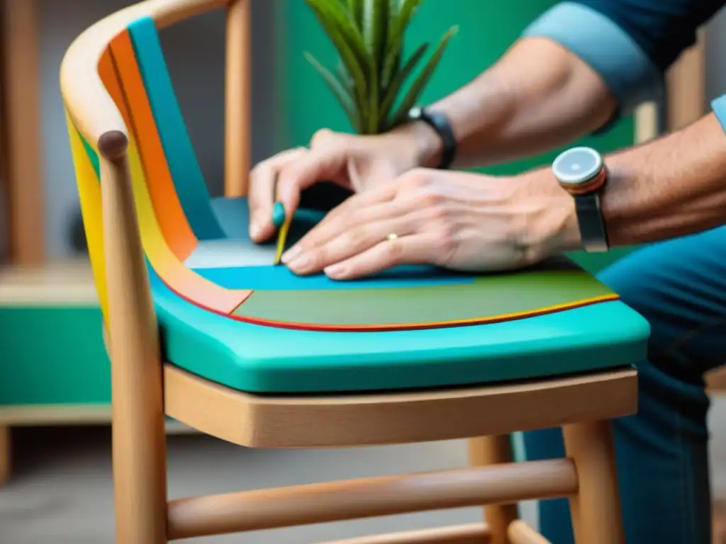 Artista dando nueva vida a silla de madera con colores vibrantes y patrones geométricos, en taller de upcycling decoración vanguardia objetos