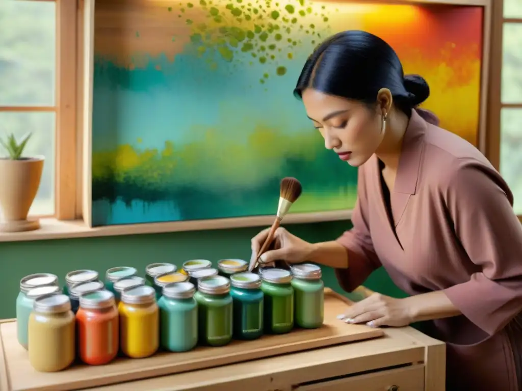 Artista pintando patrones florales en gabinete de madera con pinturas no tóxicas, rodeado de colores y luz natural