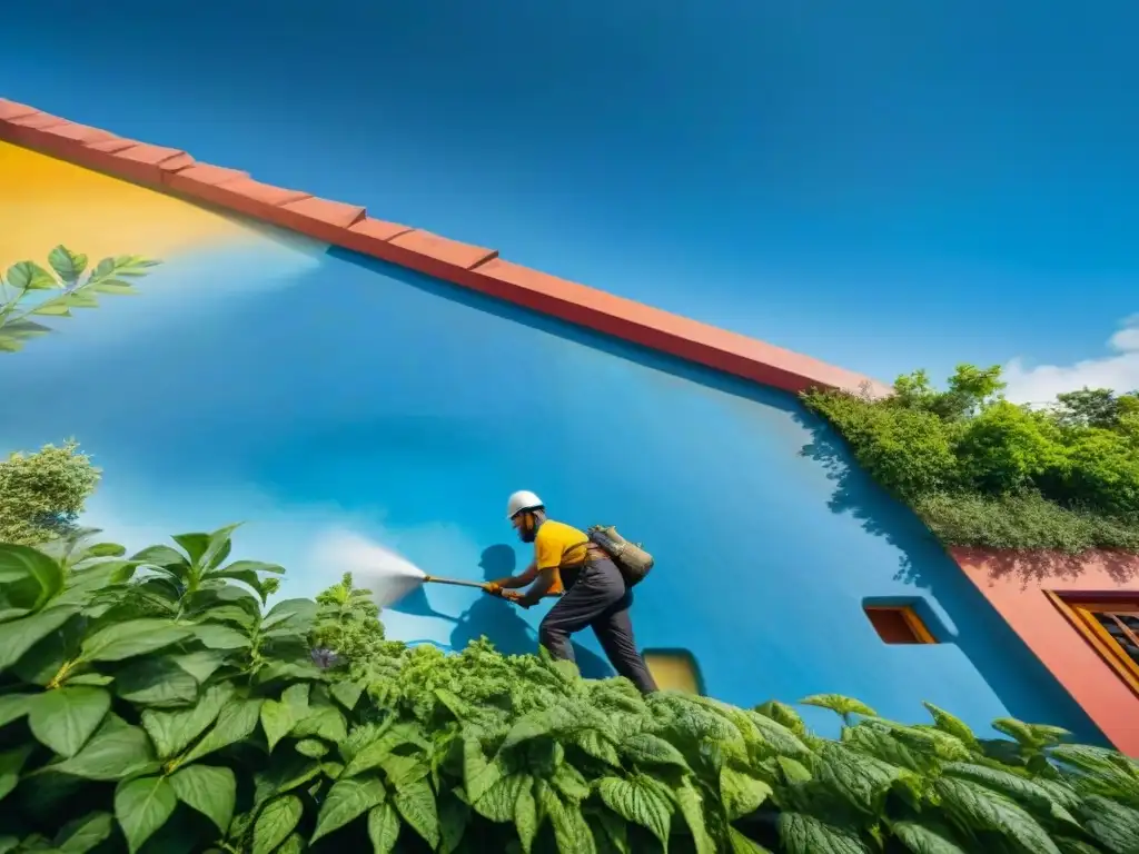 Artistas pintando mural con pinturas ecológicas para arquitectura bajo cielo azul y rodeados de naturaleza