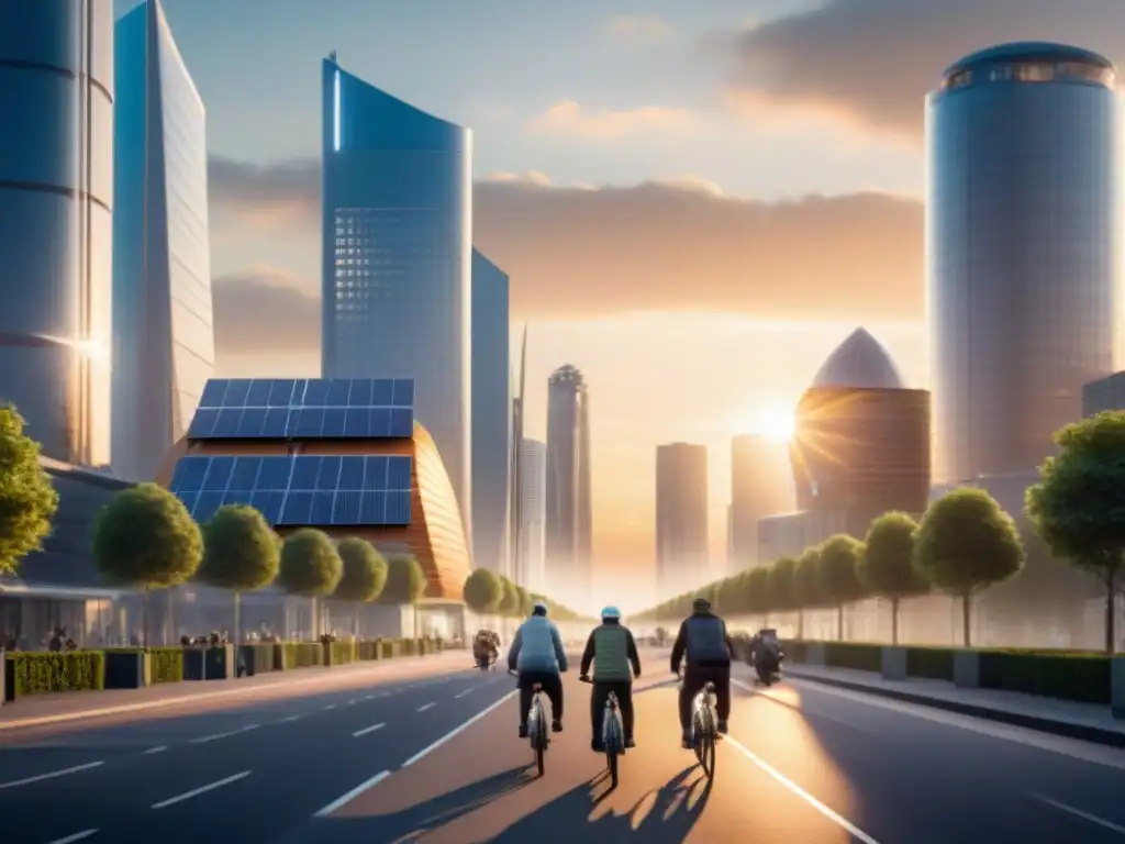 Atardecer en una ciudad futurista con energía renovable en diseño urbano