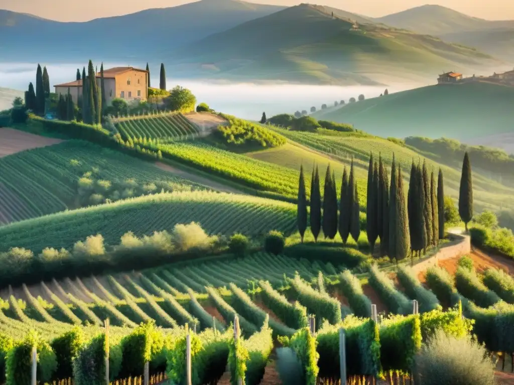 Un atardecer dorado sobre las colinas de la Toscana con viñedos orgánicos