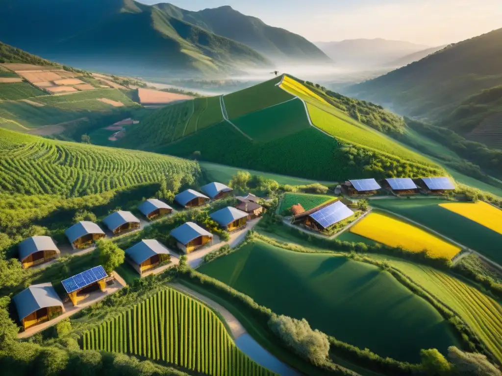 Atardecer dorado sobre eco-pueblo en valle verde con arquitectura sostenible respetuosa con el medio ambiente