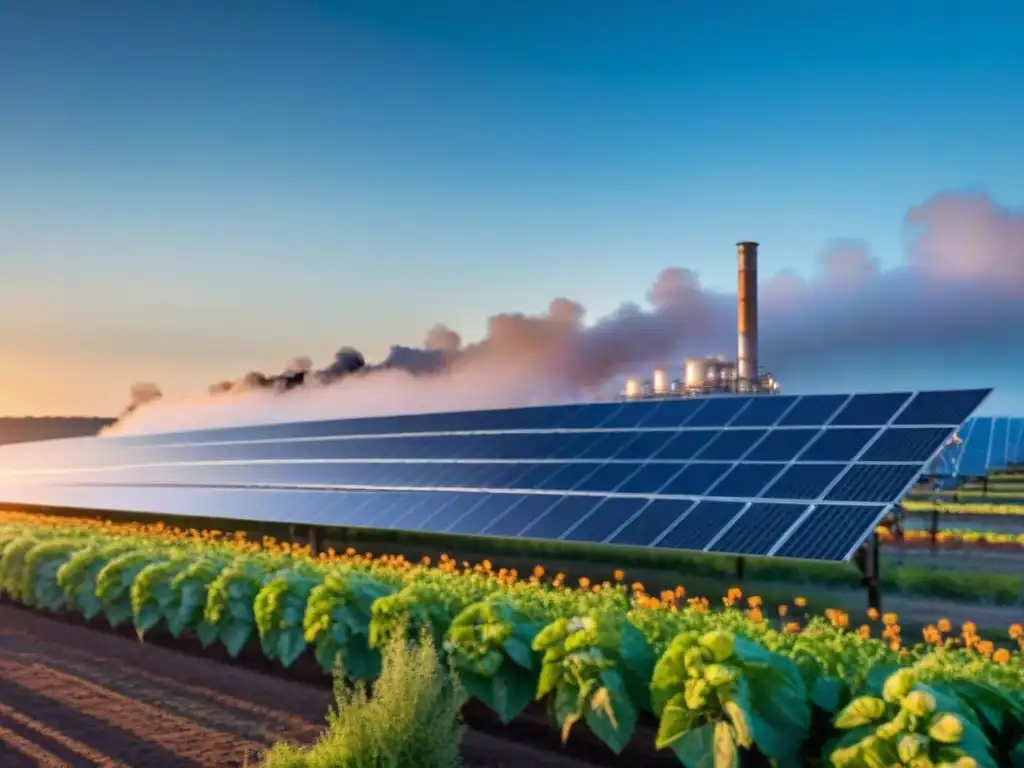 Un atardecer mágico en una central solar térmica, destacando los beneficios de energía solar térmica