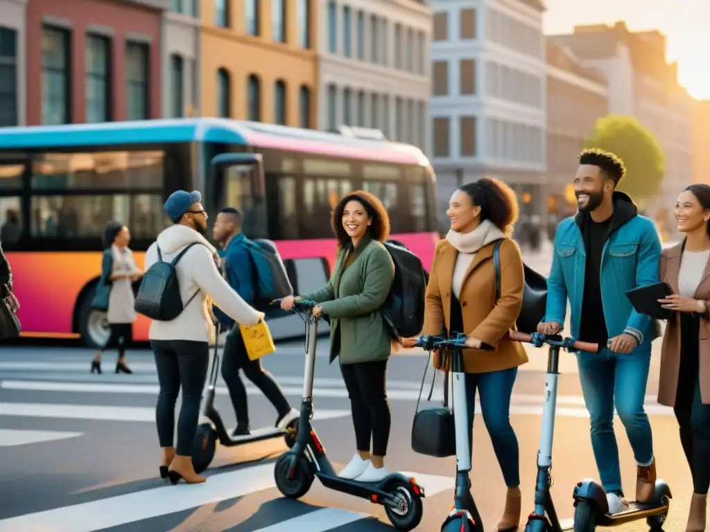 Un atardecer vibrante ilumina una calle de la ciudad llena de gente diversa usando opciones de transporte sostenible con Movilidad como Servicio