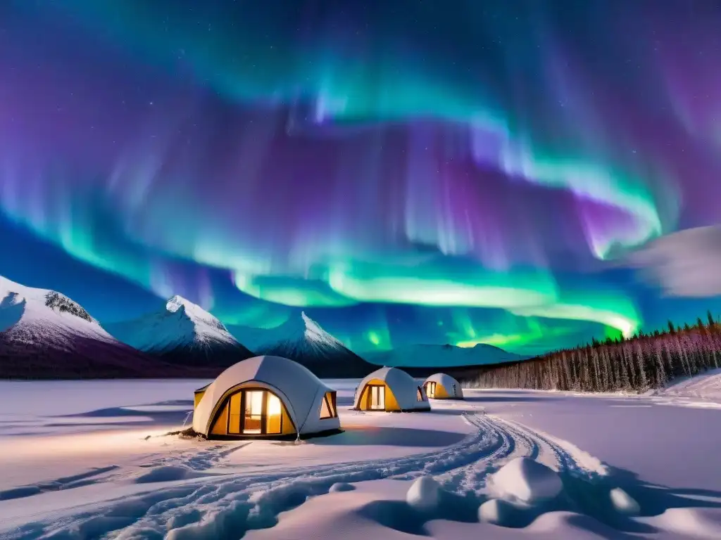 Auroras boreales sobre alojamientos sostenibles en el Ártico