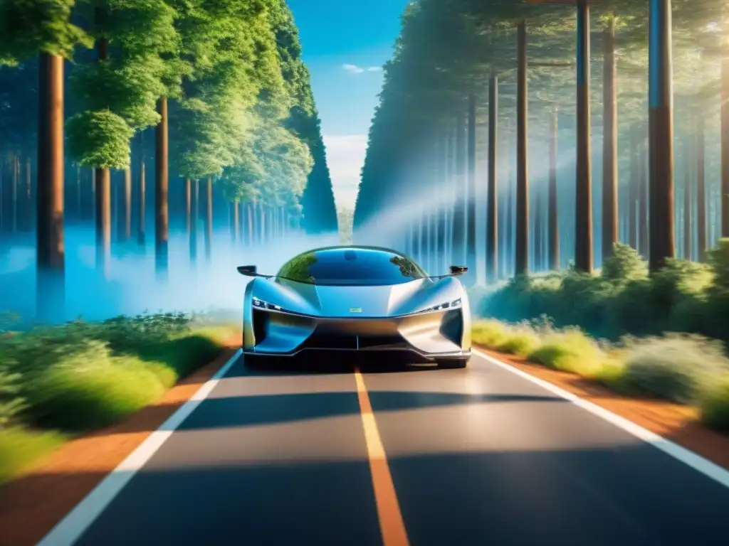 Un auto solar futurista recorre una carretera rodeada de árboles verdes bajo un cielo azul