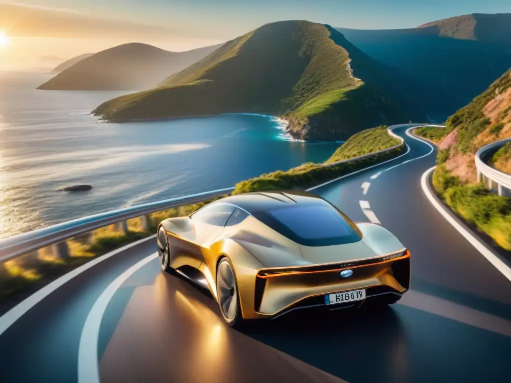 Un auto solar futurista recorre una carretera costera al atardecer, destacando su diseño ecológico