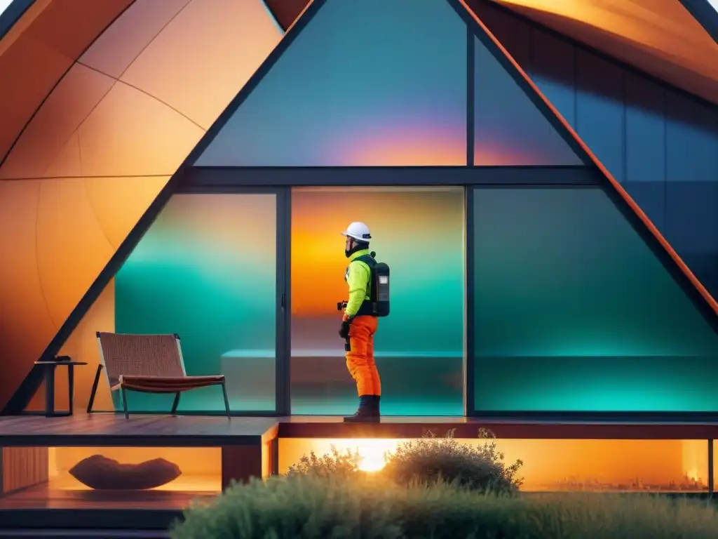 Avances en aislamiento térmico ecológico: Casa moderna con paneles solares, techo verde y ventanas triple vidrio, integrando tecnología y naturaleza