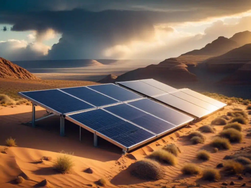 Avanzada instalación de paneles solares en clima extremo, reflejando el sol entre nubes tormentosas