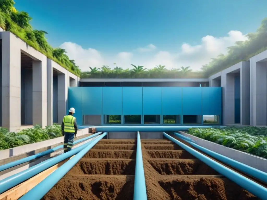 Avanzada tecnología verde para crisis agua: construcción sostenible con sistema de recolección de lluvia y trabajadores ecofriendly