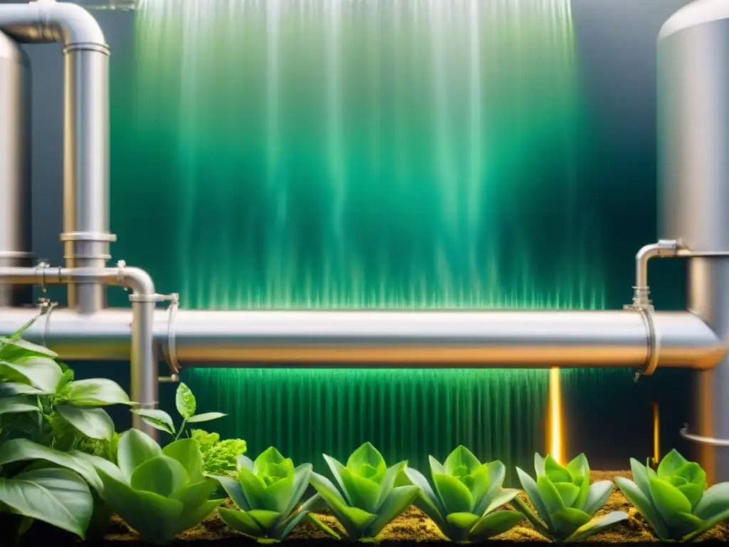 Avanzado sistema de reciclaje de agua en agricultura urbana, mostrando tecnología y plantas verdes vibrantes