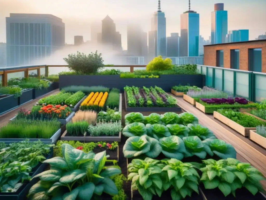 Un jardín en la azotea de la ciudad, lleno de plantas verdes, flores coloridas y huertos urbanos