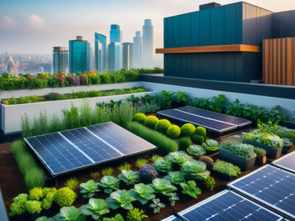 Jardín ecológico en azotea de edificio moderno, con paneles solares, sistema de recolección de agua y diversa vegetación