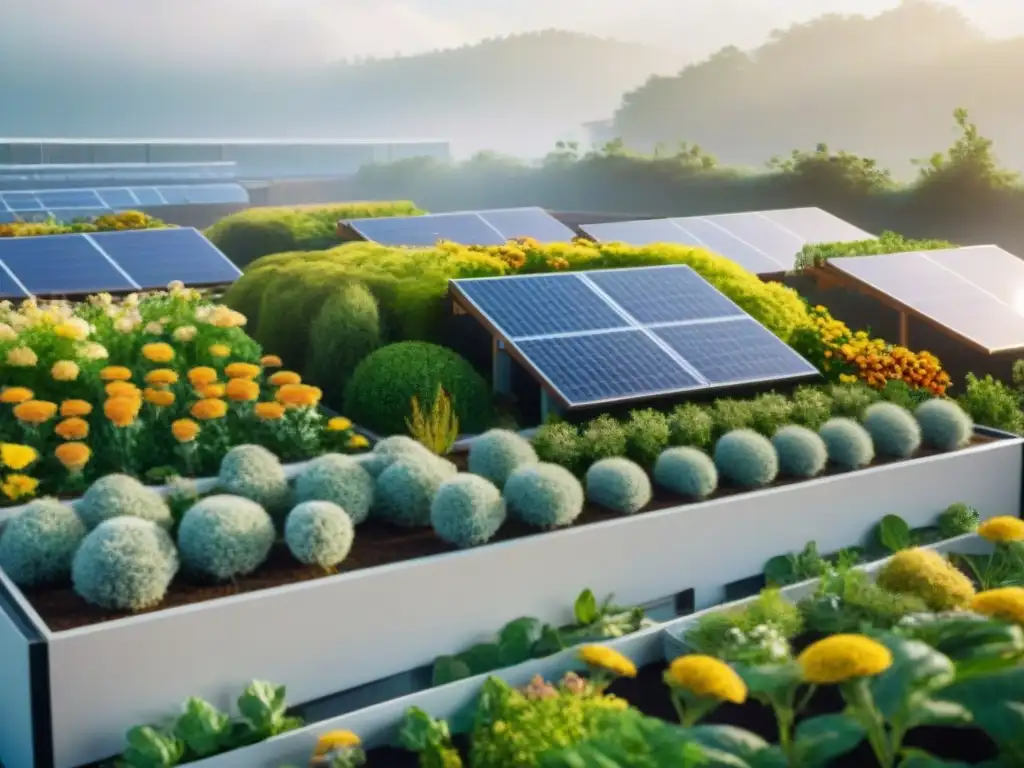 Jardín ecológico en la azotea de un edificio moderno, rodeado de paneles solares y colmenas