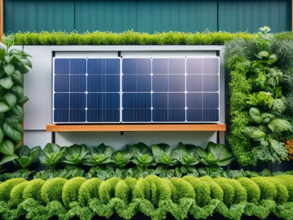 Un jardín en la azotea de un edificio sostenible, con paneles solares y plantas diversas bajo el sol, simbolizando certificaciones verdes y el valor de la propiedad