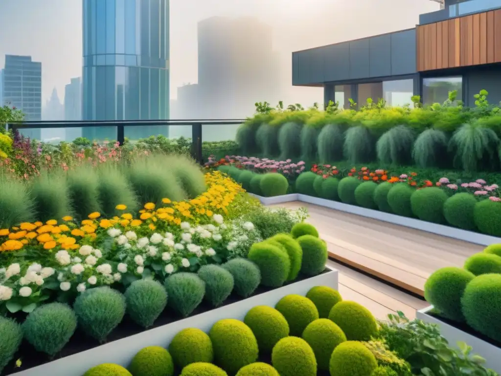 Un jardín en la azotea de un edificio urbano moderno, lleno de plantas y flores, con áreas de descanso y paneles solares