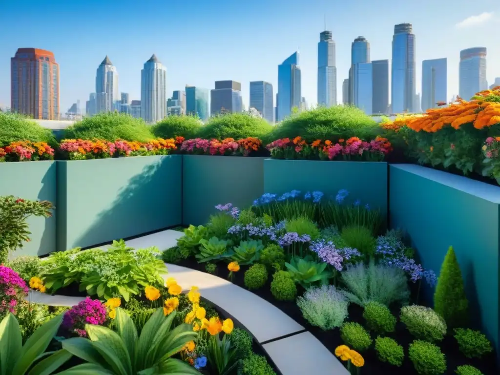 Un jardín en la azotea de un edificio urbano moderno, lleno de plantas y vida, creando un oasis verde en la ciudad