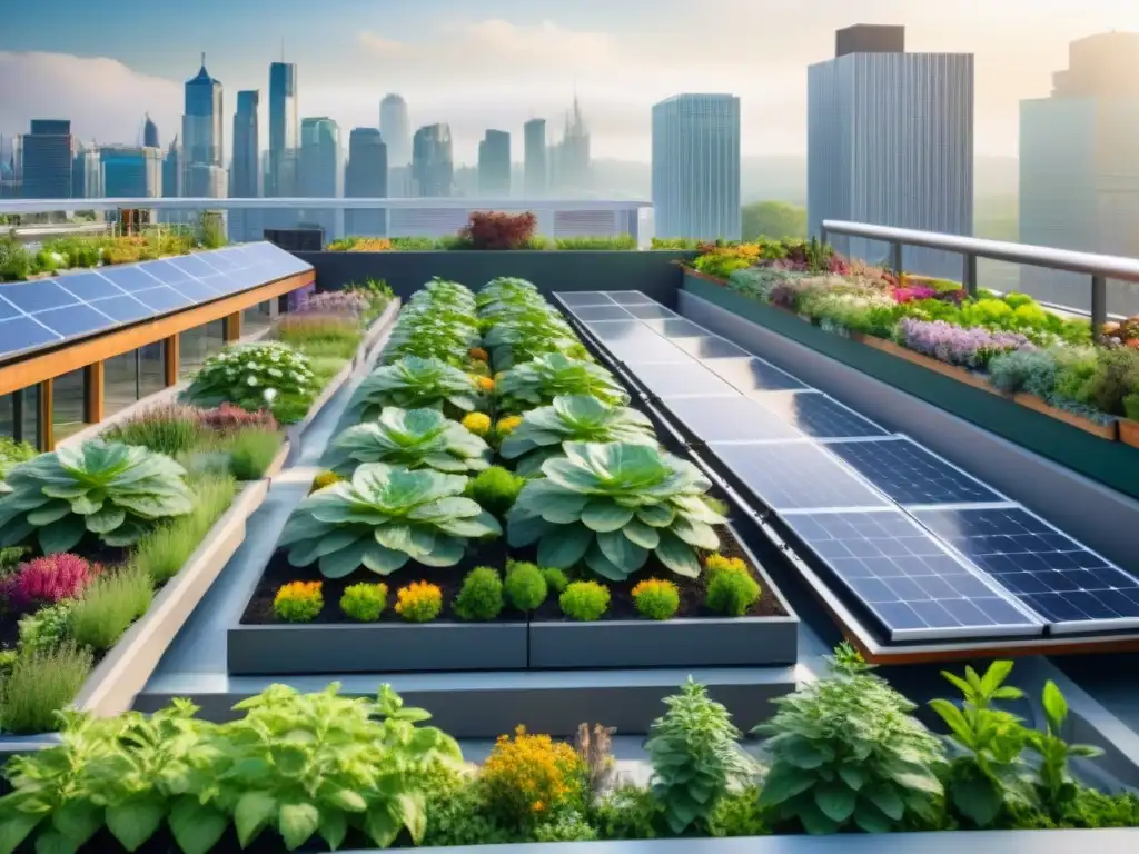 Un jardín en la azotea de un edificio urbano moderno, lleno de plantas y árboles, rodeado de paneles solares y colmenas