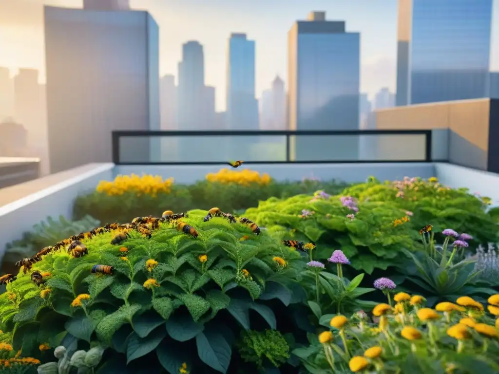 Jardín en la azotea de edificio verde con plantas vibrantes y abejas polinizando