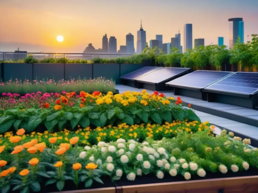 Un jardín en la azotea con flores coloridas rodeado de paneles solares y sistemas de recolección de agua