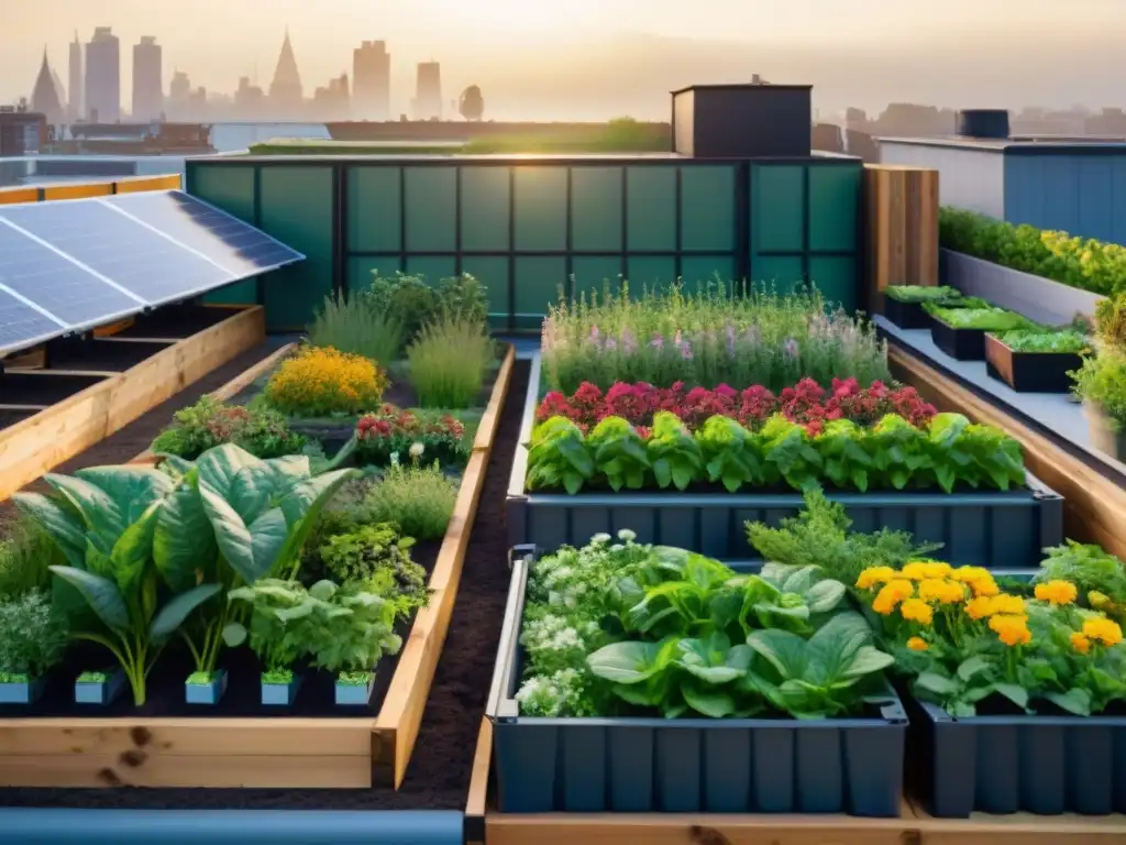 Un jardín en la azotea lleno de vida y color, con plantas, flores y hortalizas en macetas