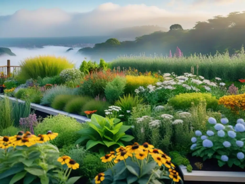 Un jardín en la azotea con plantas nativas floreciendo, abejas y mariposas