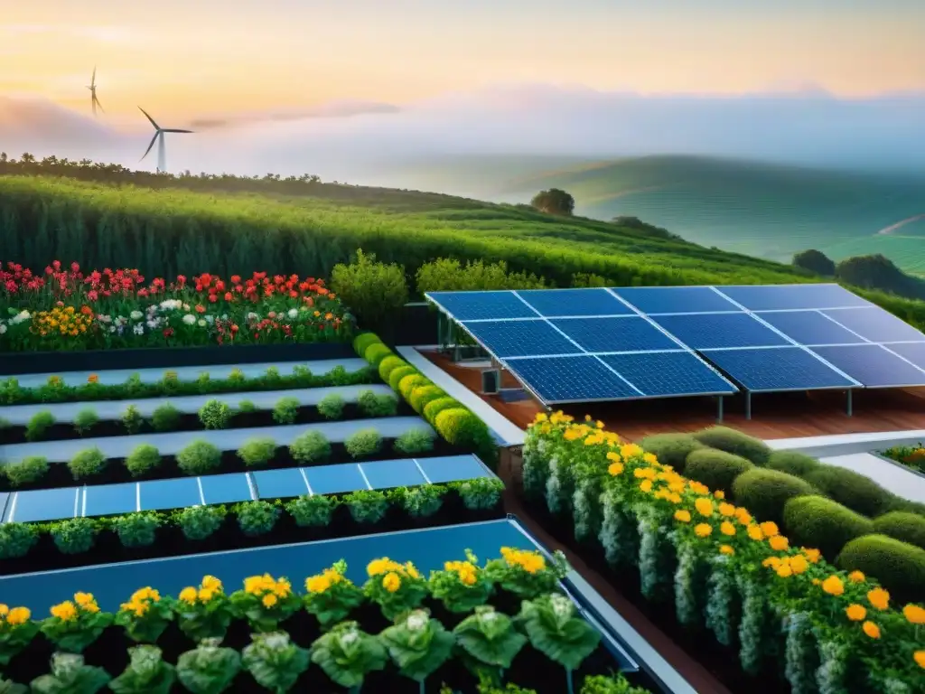 Un jardín en la azotea rebosante de plantas verdes y flores coloridas, rodeado de paneles solares y una turbina eólica