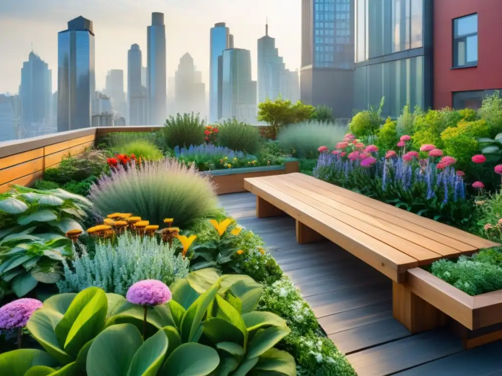 Un jardín en la azotea rebosante de plantas vibrantes, flores y senderos, con un fondo urbano