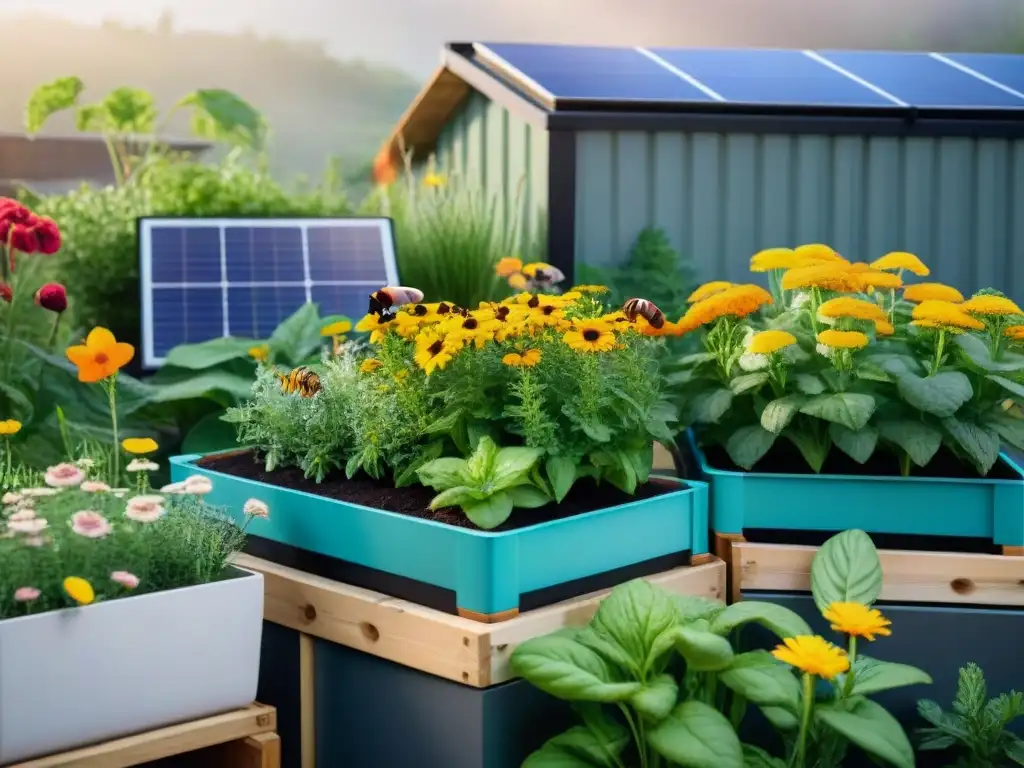 Un jardín en la azotea rebosante de vida en un día soleado, con flores coloridas, hierbas y verduras en macetas recicladas