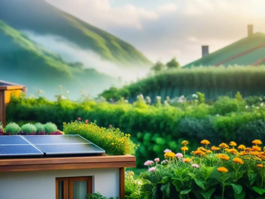 Un jardín en la azotea rebosante de vida, con flores coloridas, paneles solares y una familia disfrutando de una comida