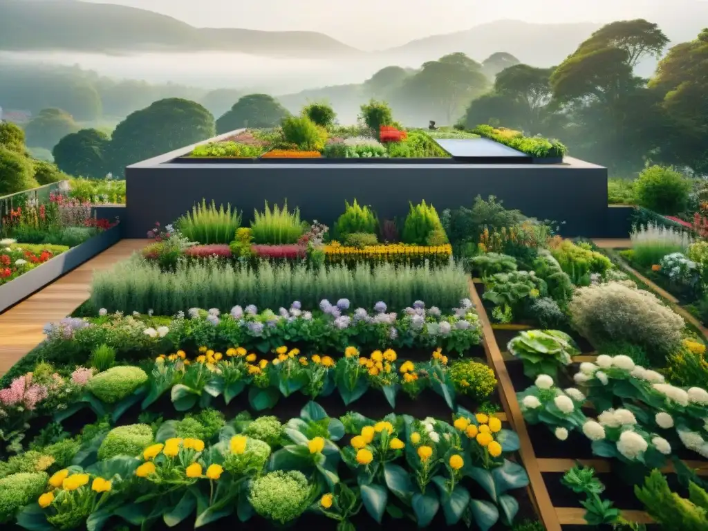 Un jardín en la azotea rebosante de vida, flores vibrantes y huertos