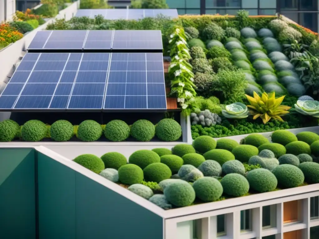 Jardín en azotea verde en edificio ecológico, con paneles solares y sistema de recolección de agua