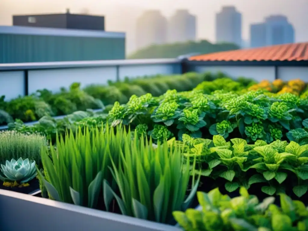 Un jardín de azotea verde y moderno en un edificio residencial sostenible, con plantas exuberantes y paneles solares