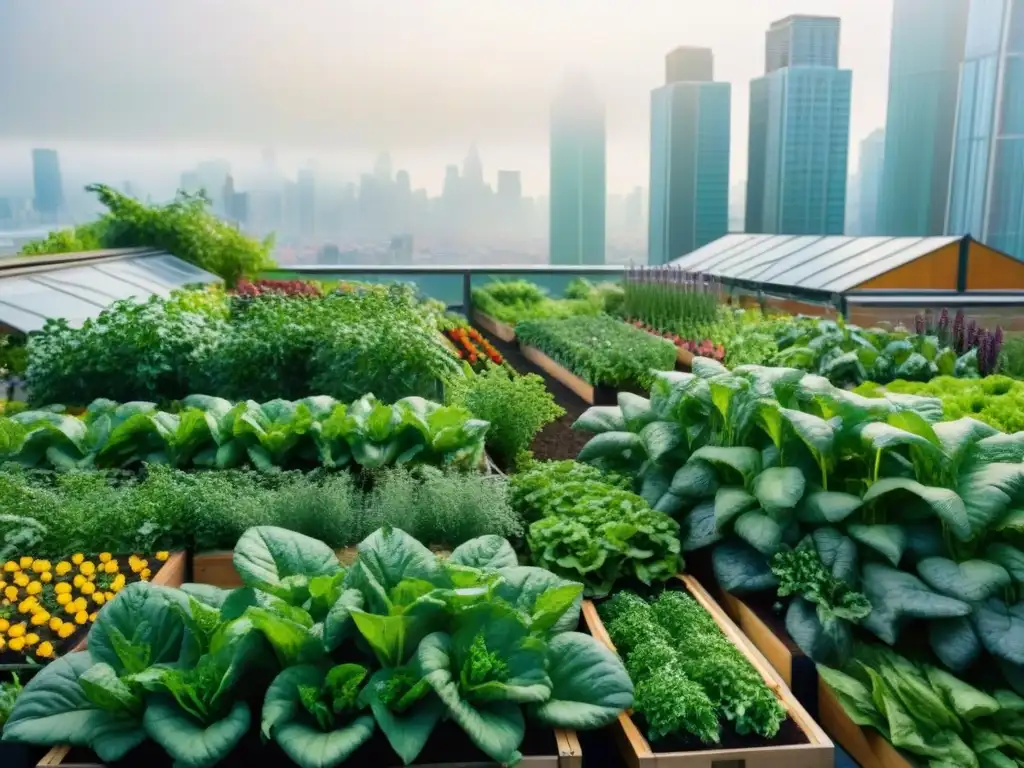 Jardín urbano: oasis de biodiversidad en la azotea Un jardín de azotea vibrante y bullicioso, cultivando alimentos en espacios urbanos entre rascacielos