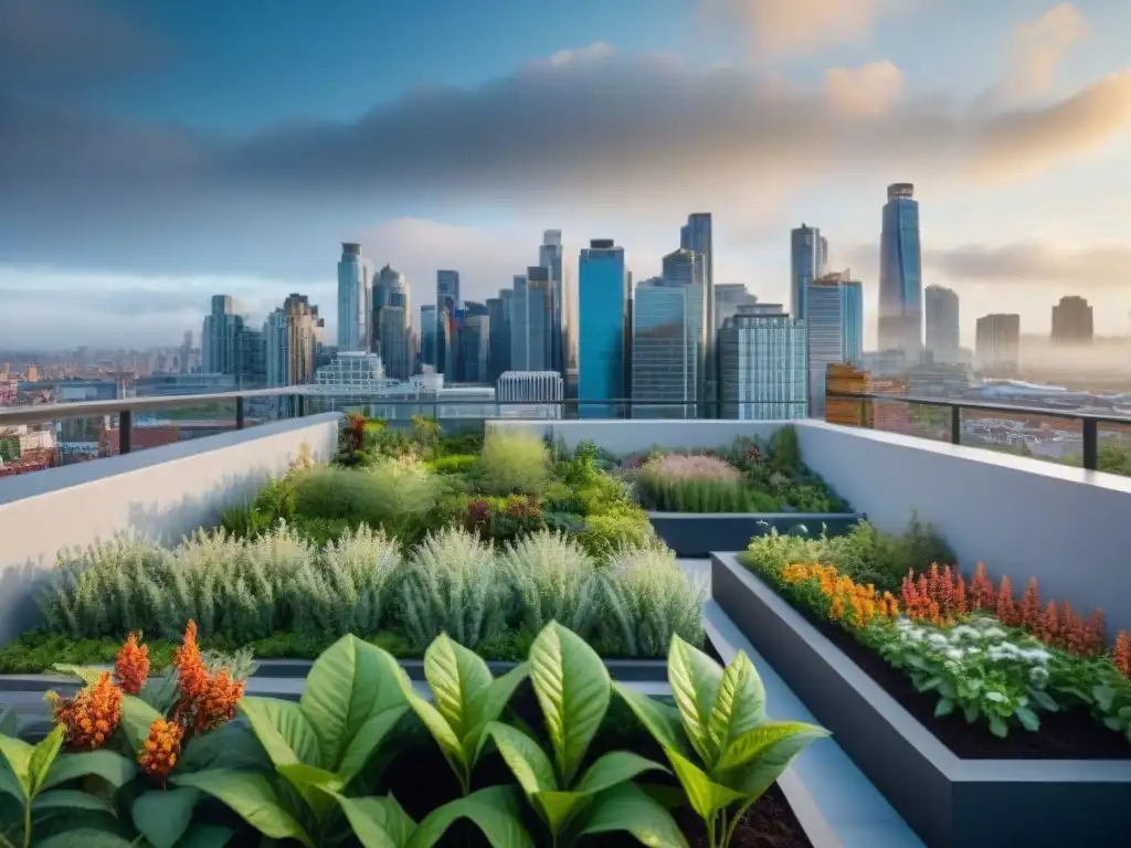 Jardín en azotea de vivienda sostenible y biodiversidad urbana con plantas nativas, mariposas y abejas en ciudad bulliciosa