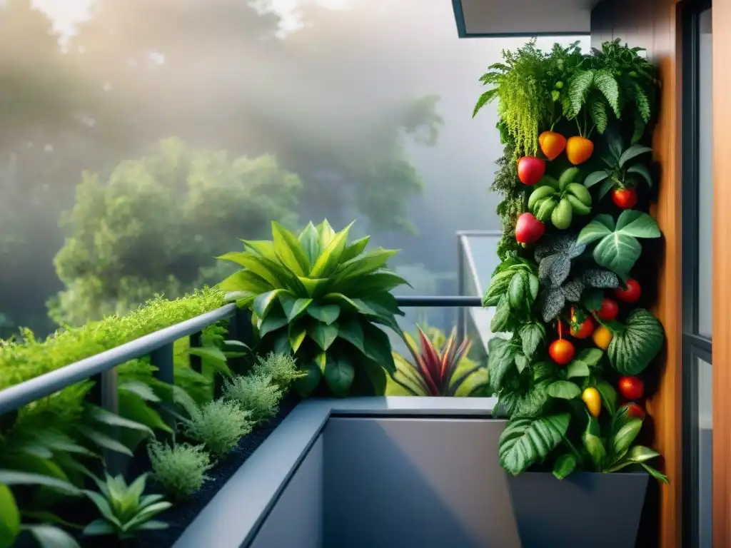 Un balcón de apartamento convertido en un exuberante huerto vertical, mostrando frutas, vegetales y hierbas vibrantes