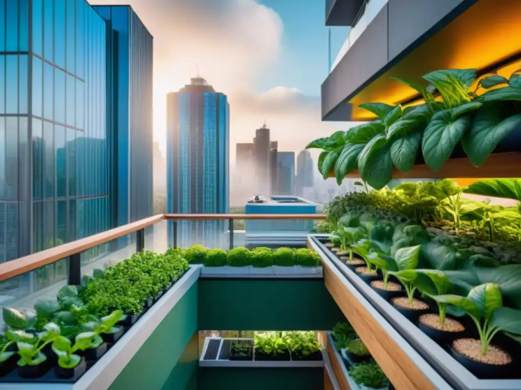 Un balcón urbano se transforma en un jardín futurista con torres hidropónicas llenas de vegetación, gadgets y vistas urbanas