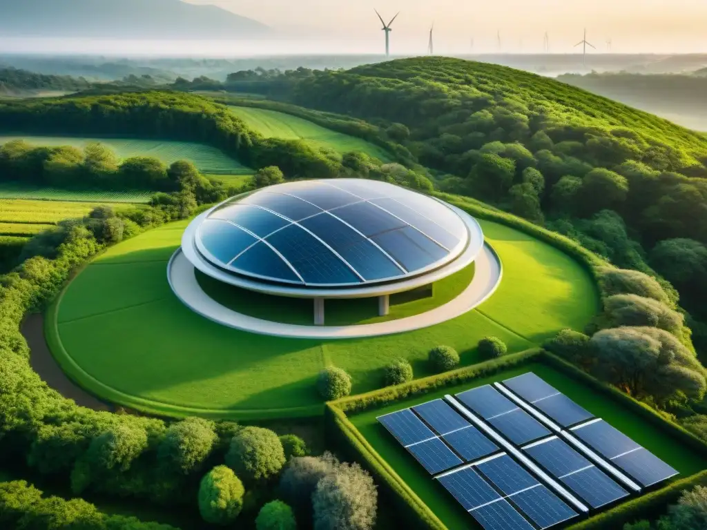 Un banco moderno y ecológico integrado en un paisaje verde, con paneles solares y turbinas eólicas