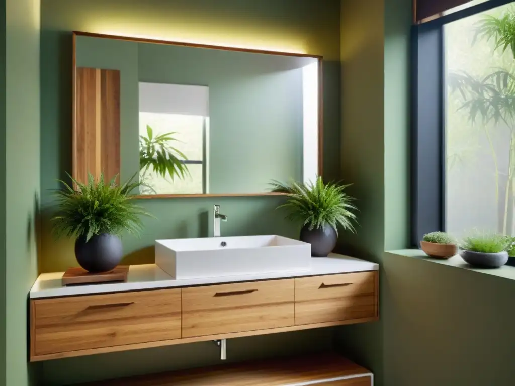 Baño ecofriendly con materiales sostenibles como suelo de bambú y pared de plantas en armonía natural