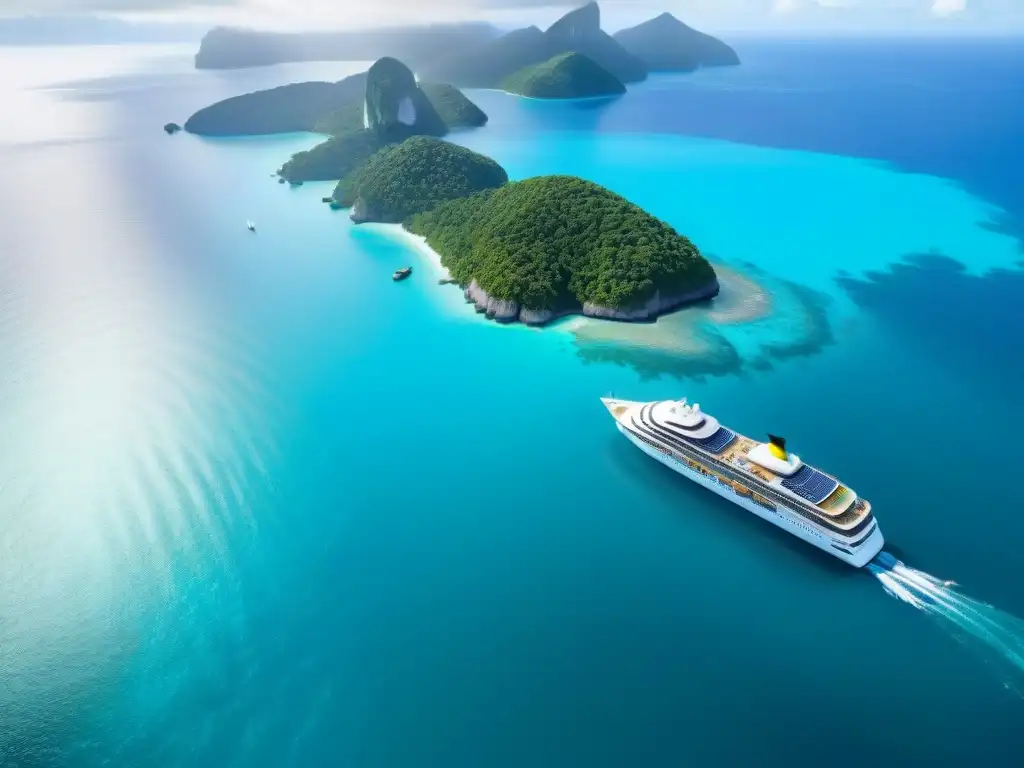 Barcos sostenibles para explorar océanos: Crucero ecológico surcando aguas turquesas con vida marina y islas verdes de fondo