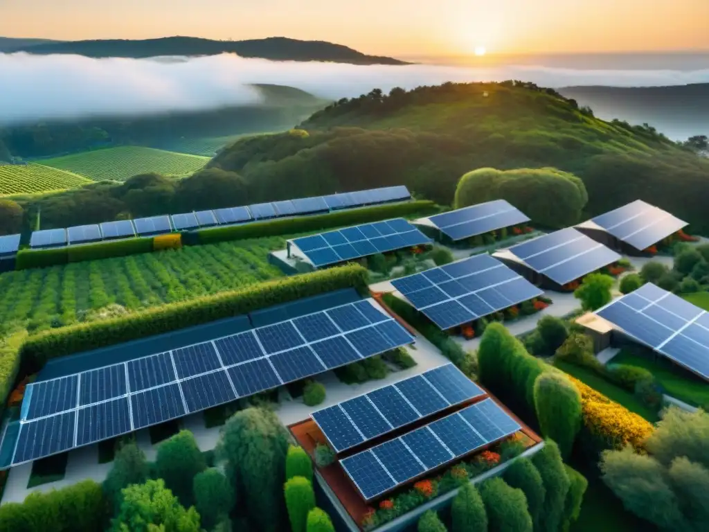 Barrio ecológico con casas energéticamente eficientes y paneles solares, rodeado de vegetación, al atardecer