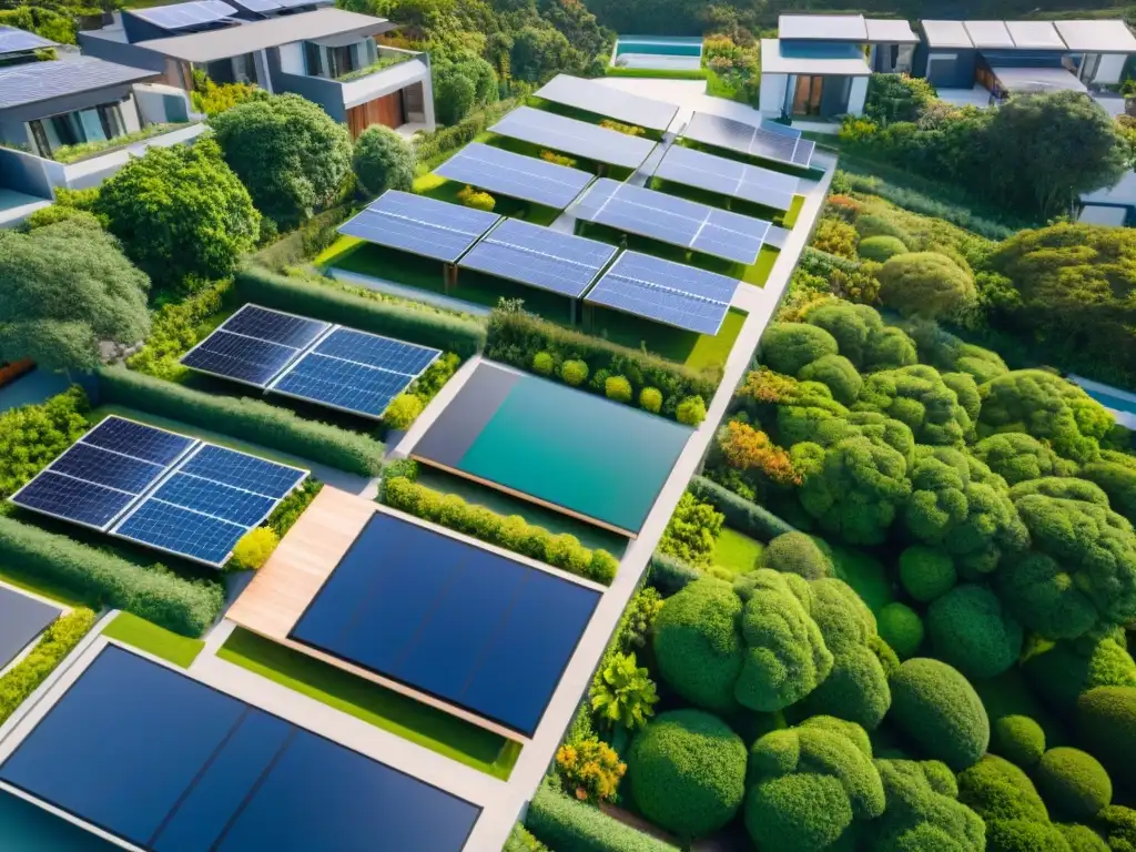 Barrio ecológico con paneles solares en techos, espacios verdes y familias disfrutando actividades al aire libre