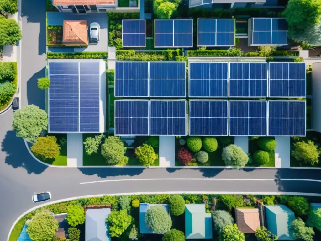 Barrio ecológico con paneles solares, huertos urbanos y estaciones de carga para autos eléctricos