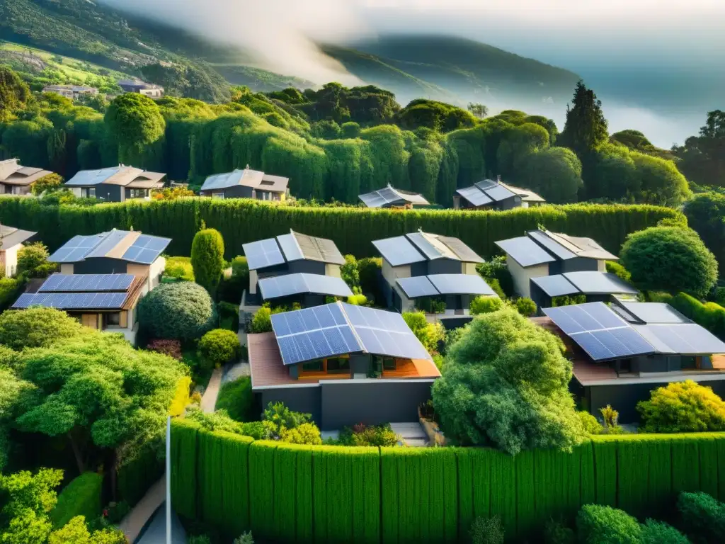 Barrio residencial con casas eficientes certificadas LEED, paneles solares y jardines sostenibles en armonía con la naturaleza